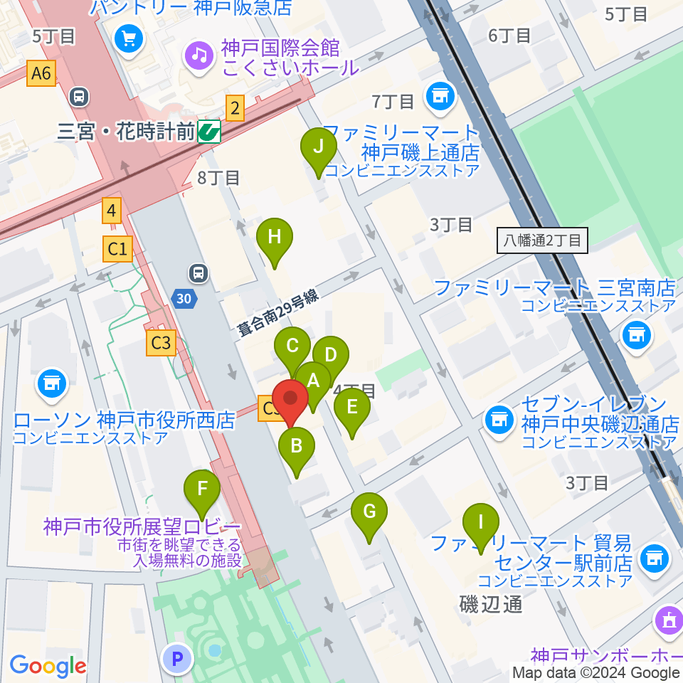 プラスミュージック神戸三宮周辺のカフェ一覧地図