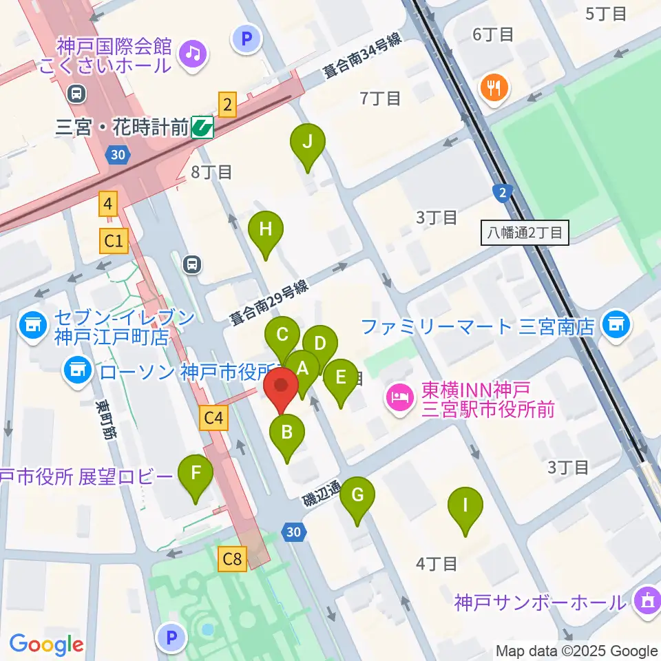プラスミュージック神戸三宮周辺のカフェ一覧地図