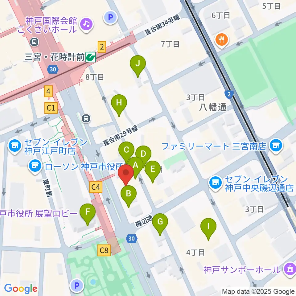 プラスミュージック神戸三宮周辺のカフェ一覧地図