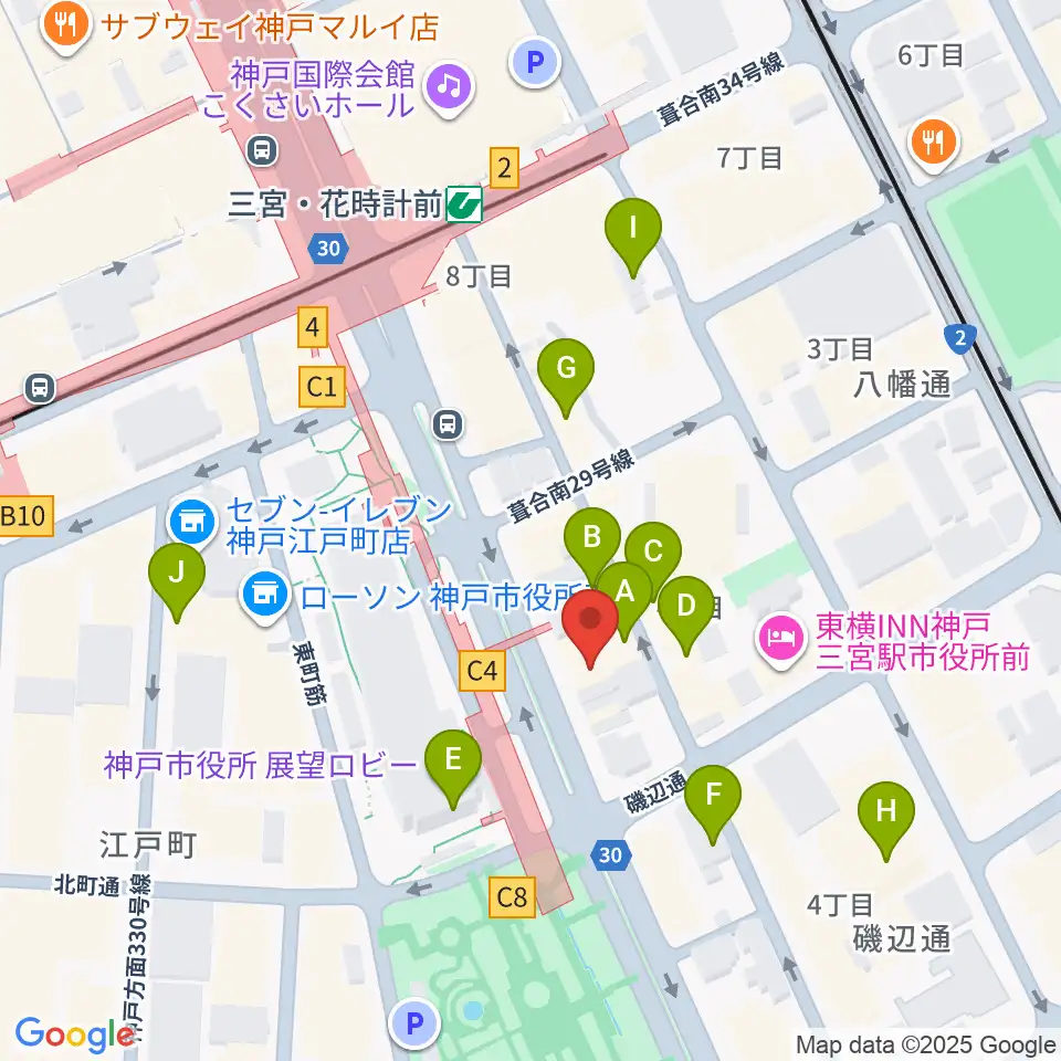 プラスミュージック神戸三宮周辺のカフェ一覧地図