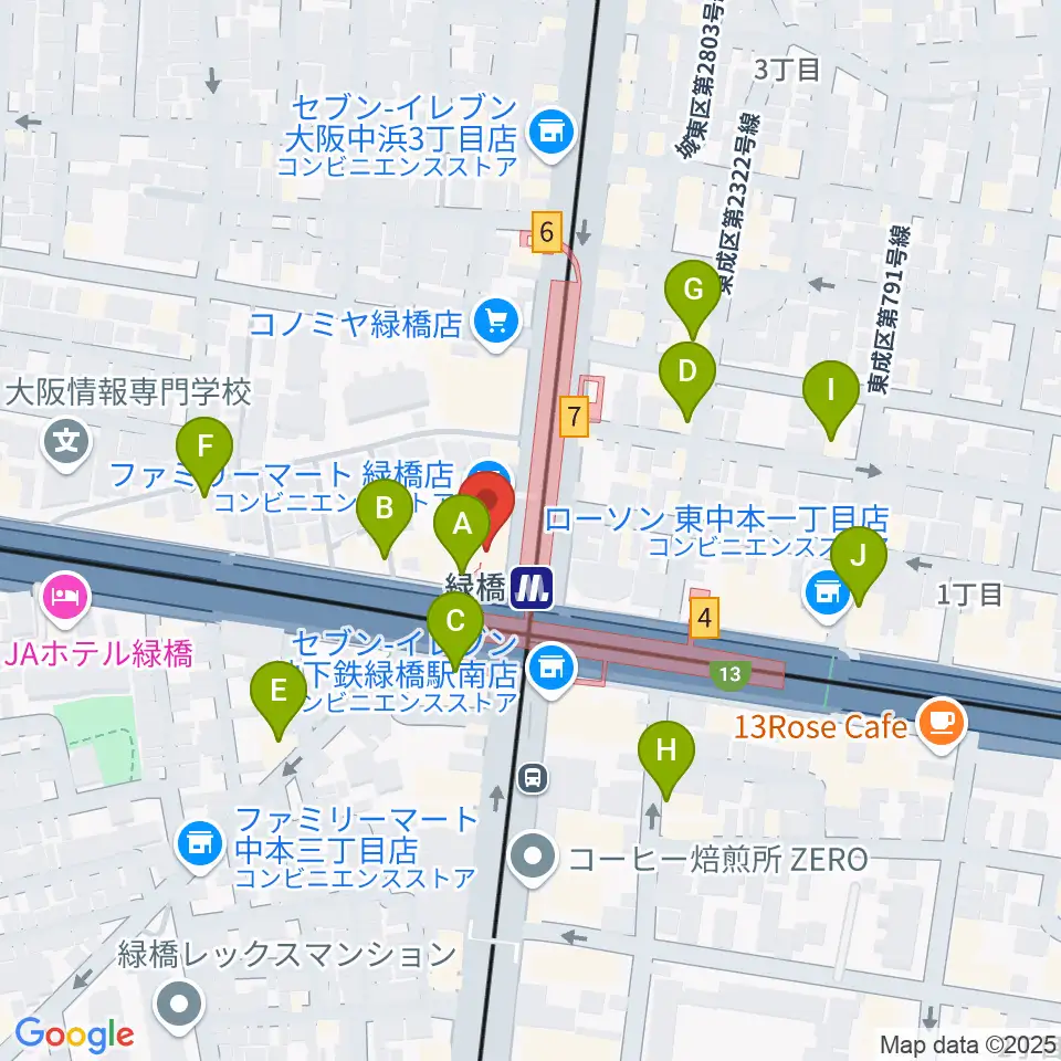 大阪緑橋 戦国大統領周辺のカフェ一覧地図