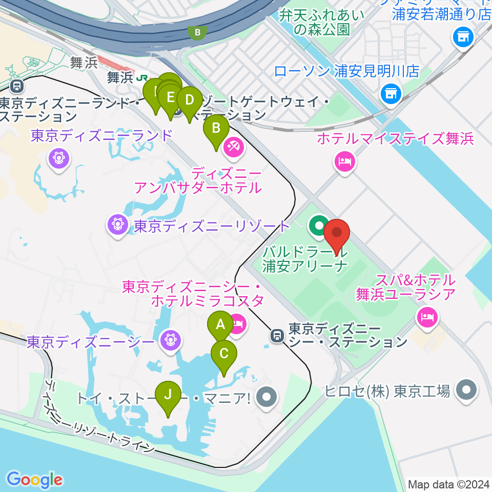 浦安市屋内水泳プール周辺のカフェ一覧地図