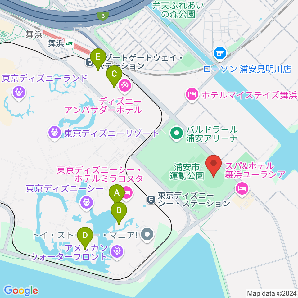 浦安市運動公園野球場周辺のカフェ一覧地図