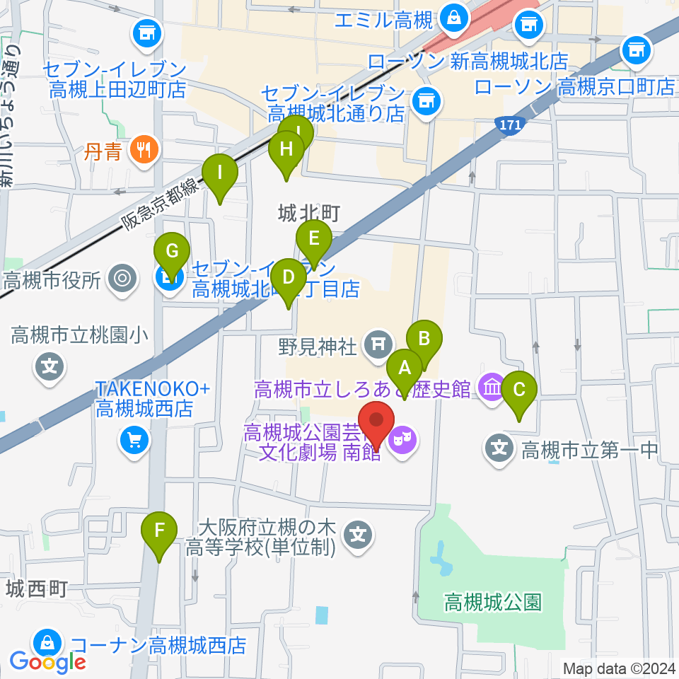 高槻城公園芸術文化劇場 南館周辺のカフェ一覧地図