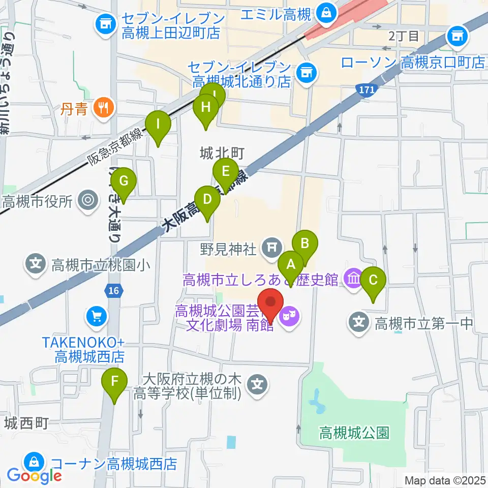 高槻城公園芸術文化劇場 南館周辺のカフェ一覧地図
