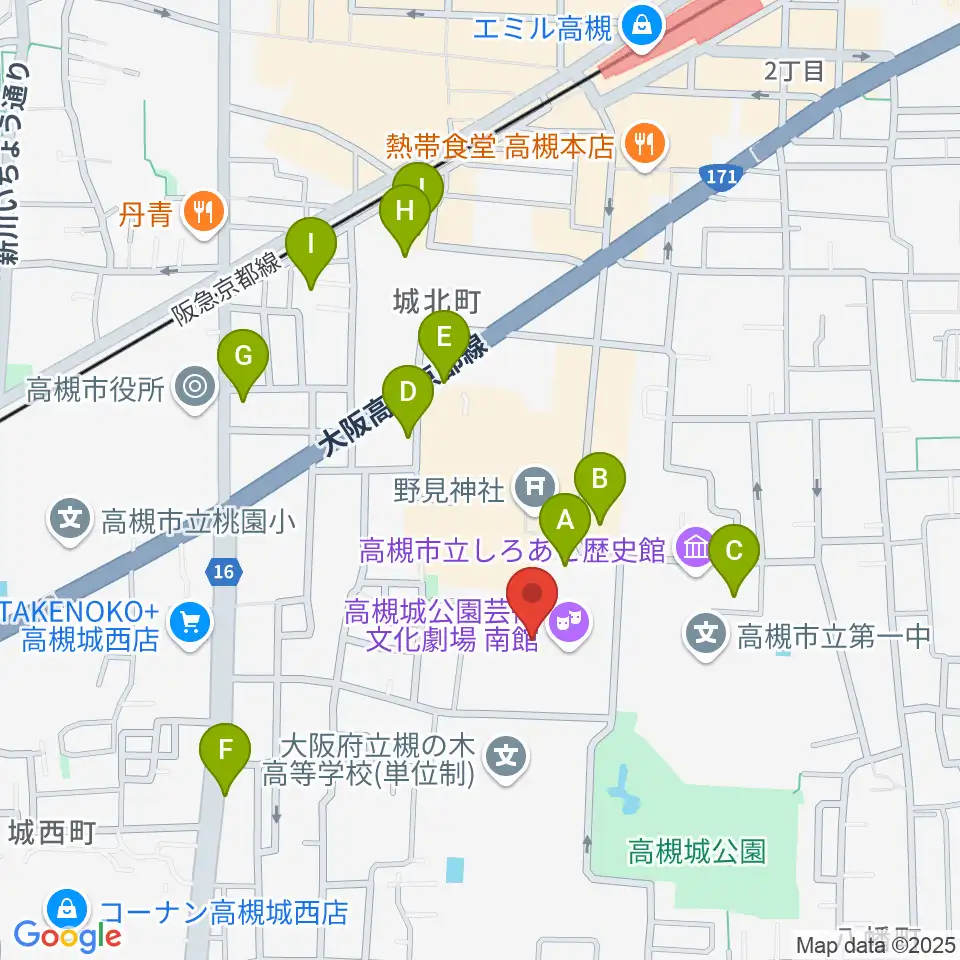高槻城公園芸術文化劇場 南館周辺のカフェ一覧地図