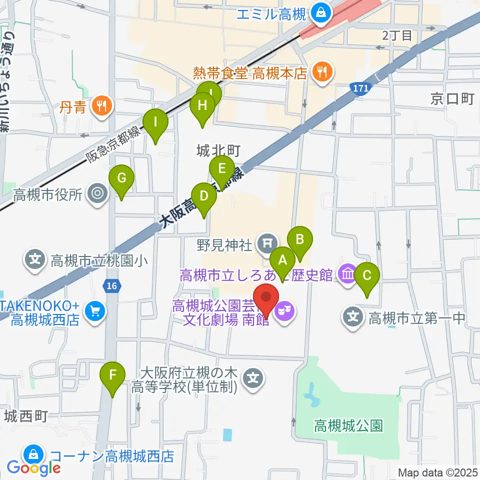 高槻城公園芸術文化劇場 南館周辺のカフェ一覧地図