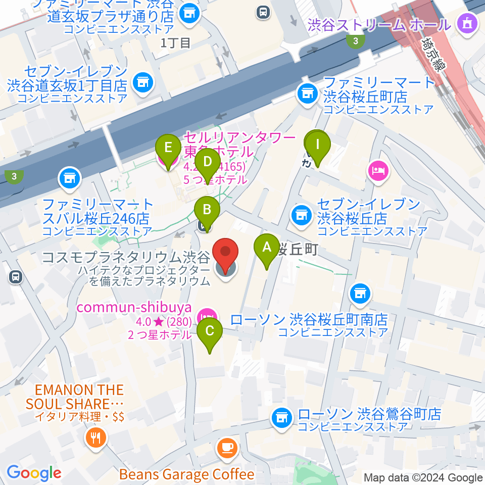 コスモプラネタリウム渋谷周辺のカフェ一覧地図