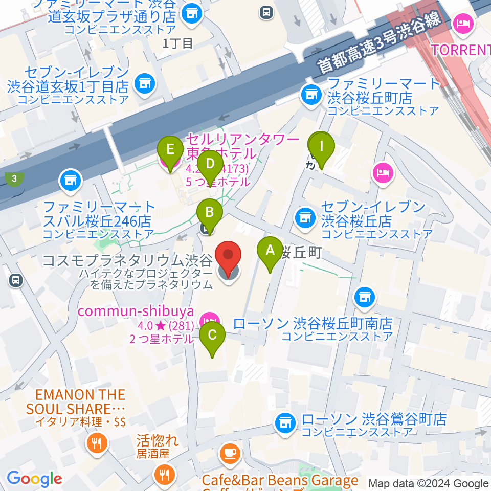 コスモプラネタリウム渋谷周辺のカフェ一覧地図