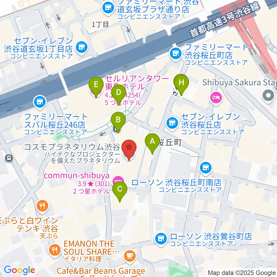 コスモプラネタリウム渋谷周辺のカフェ一覧地図