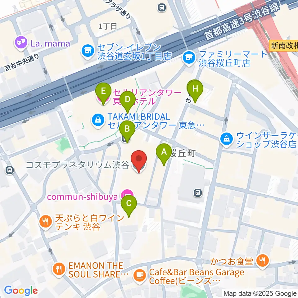 コスモプラネタリウム渋谷周辺のカフェ一覧地図