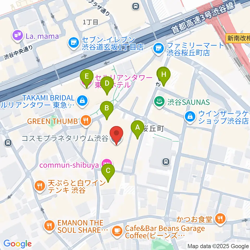 コスモプラネタリウム渋谷周辺のカフェ一覧地図