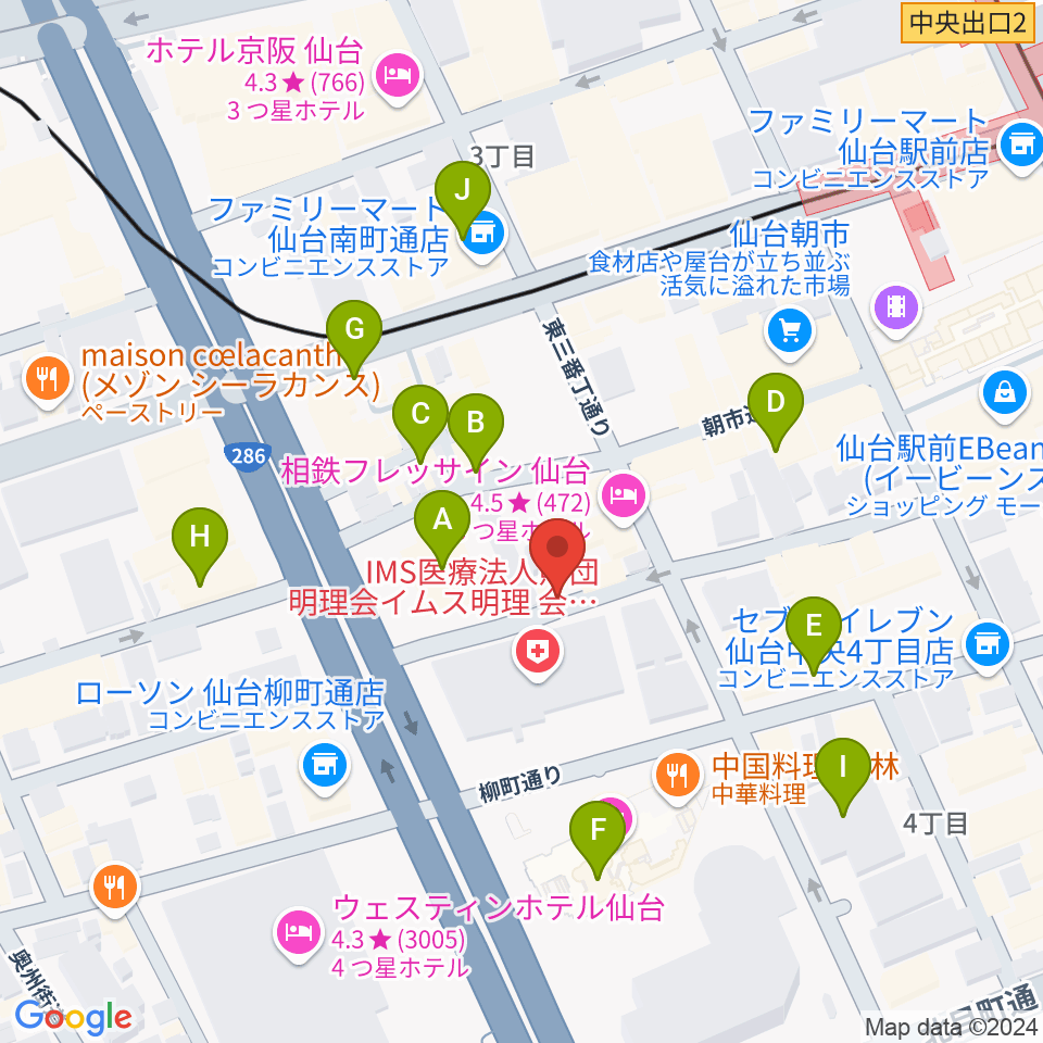 仙台中央音楽センター IVy HALL周辺のカフェ一覧地図