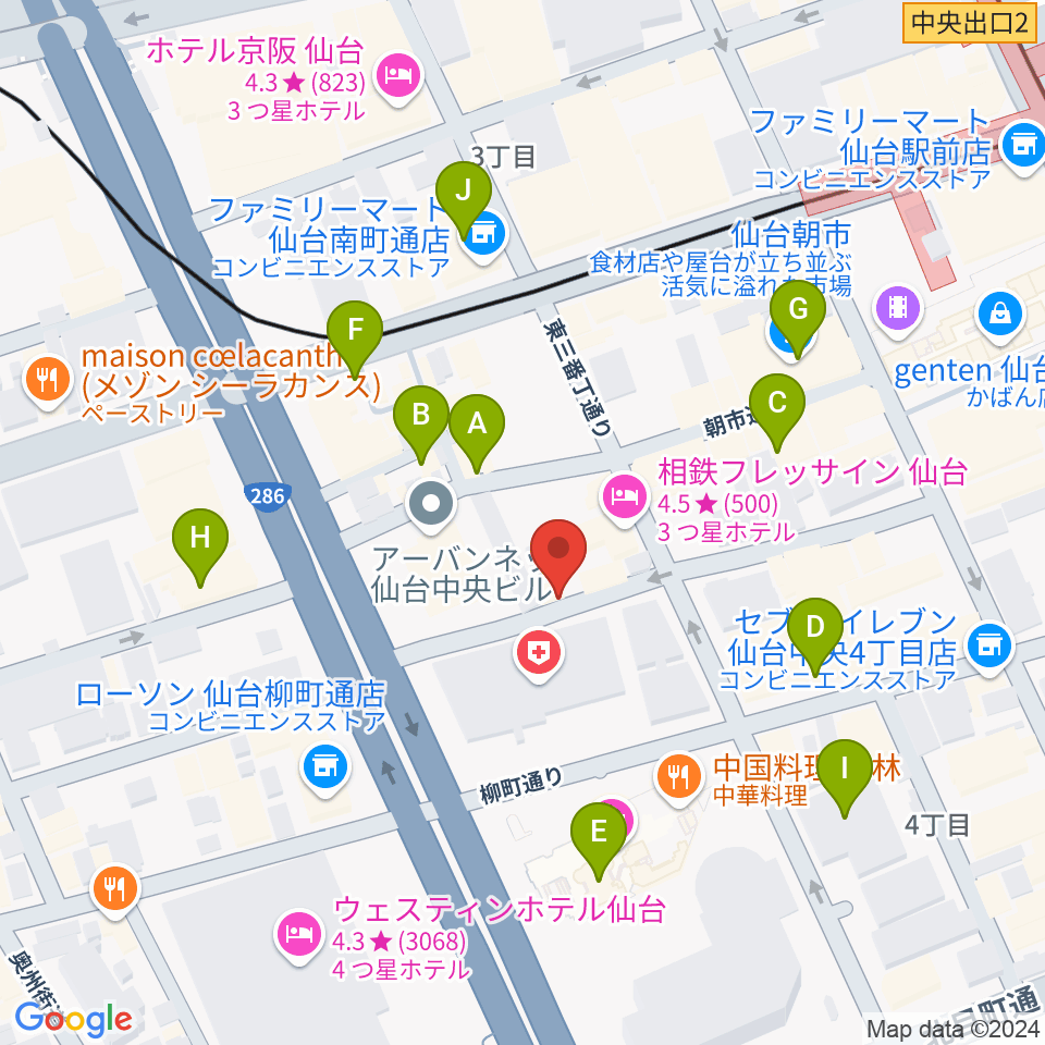 仙台中央音楽センター IVy HALL周辺のカフェ一覧地図