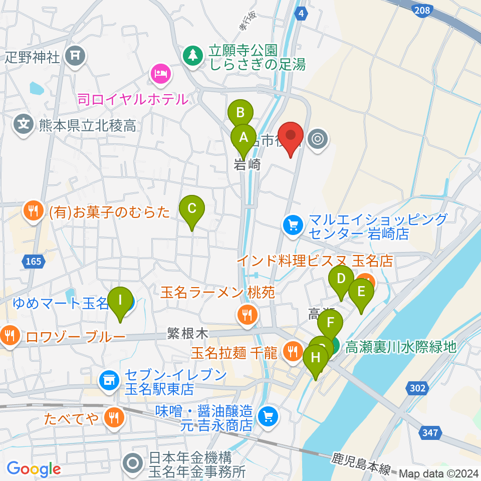 玉名市民会館ホール周辺のカフェ一覧地図