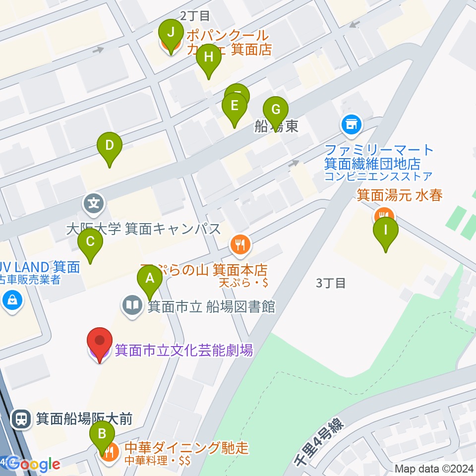 箕面市立文化芸能劇場周辺のカフェ一覧地図