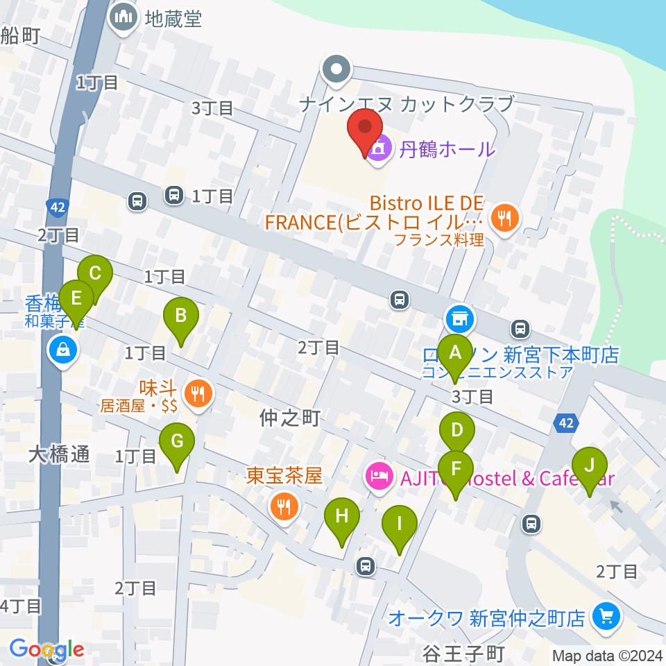 丹鶴ホール周辺のカフェ一覧地図