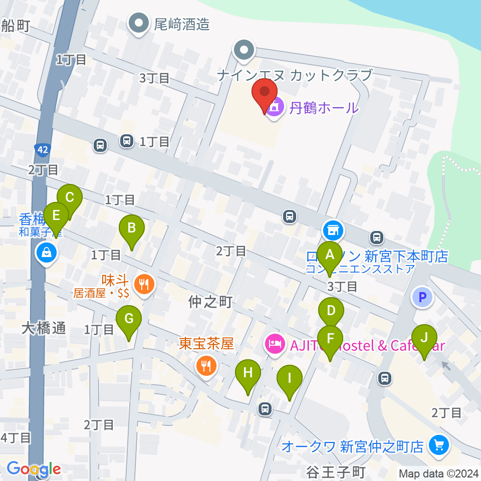 丹鶴ホール周辺のカフェ一覧地図