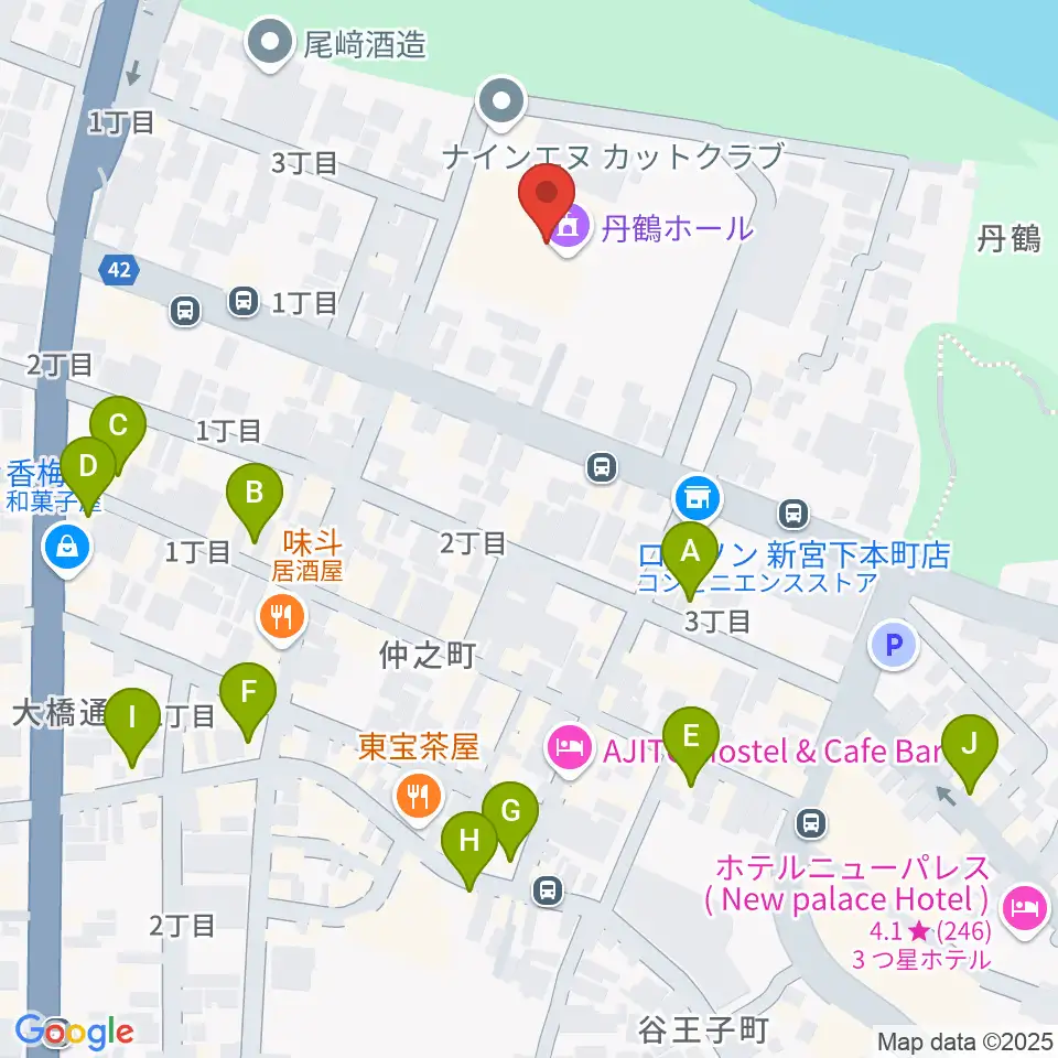 丹鶴ホール周辺のカフェ一覧地図