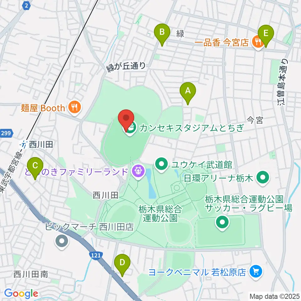 カンセキスタジアムとちぎ周辺のカフェ一覧地図