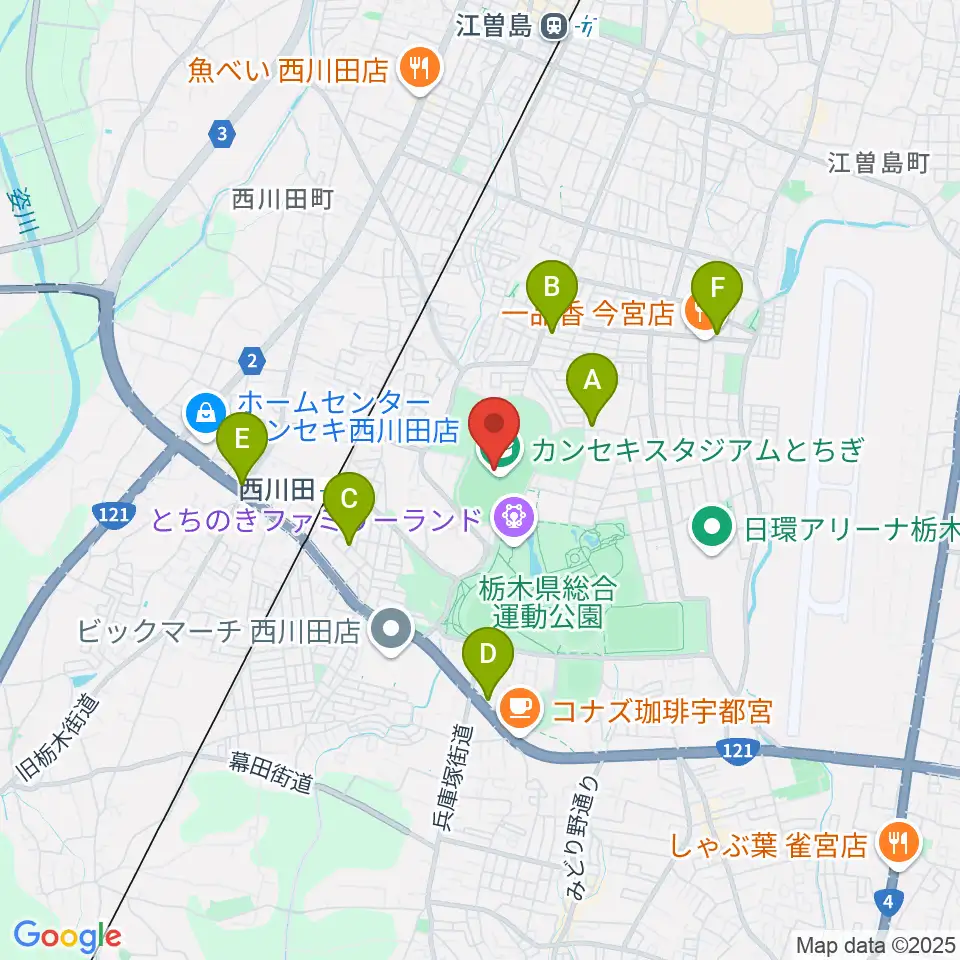 カンセキスタジアムとちぎ周辺のカフェ一覧地図