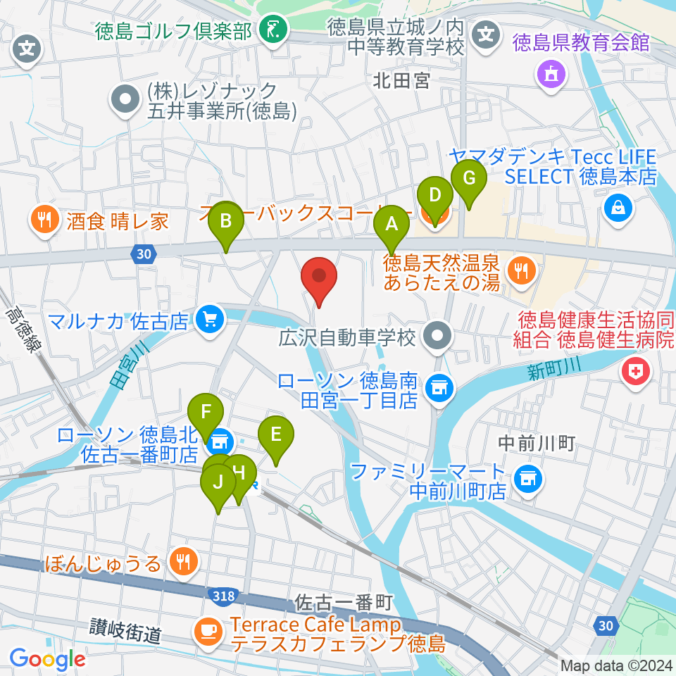 ワークスタッフ陸上競技場（徳島市陸上競技場）周辺のカフェ一覧地図