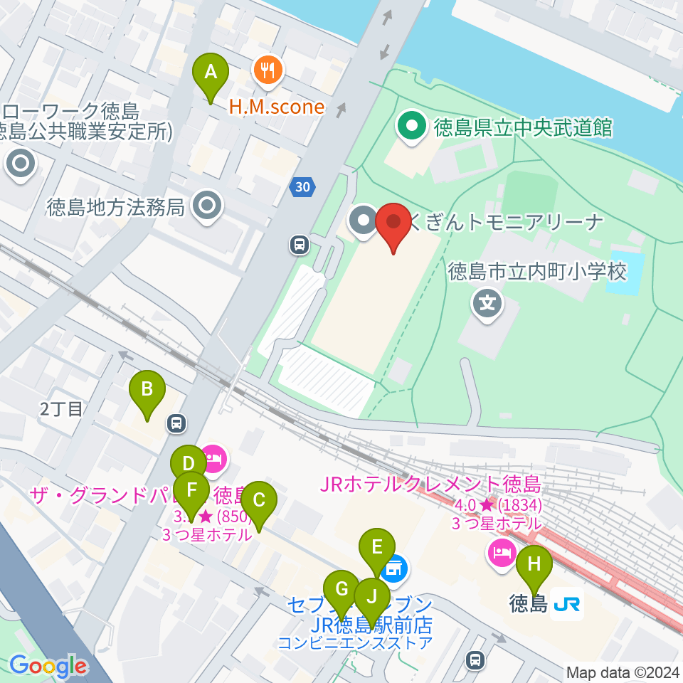 とくぎんトモニアリーナ 徳島市立体育館周辺のカフェ一覧地図