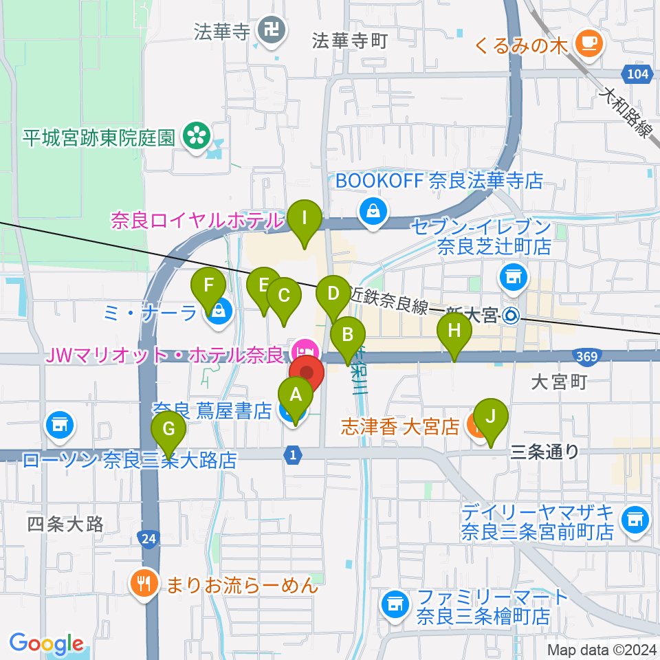 奈良県コンベンションセンター周辺のカフェ一覧地図