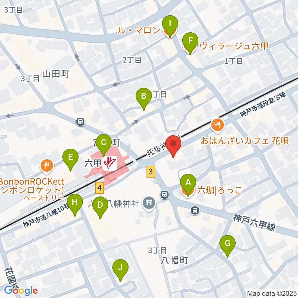 スタジオハイダウェイ阪急六甲店周辺のカフェ一覧地図