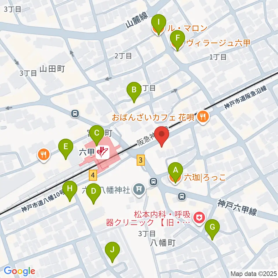 スタジオハイダウェイ阪急六甲店周辺のカフェ一覧地図