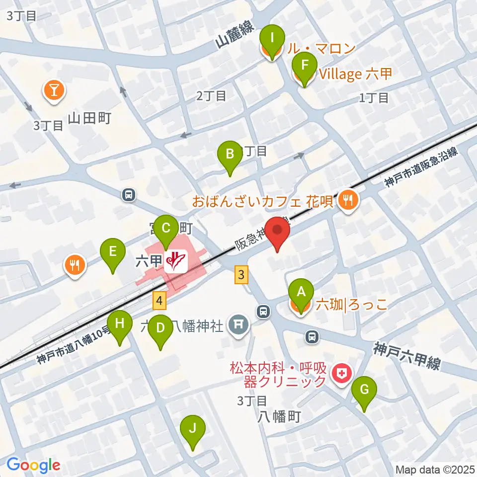 スタジオハイダウェイ阪急六甲店周辺のカフェ一覧地図