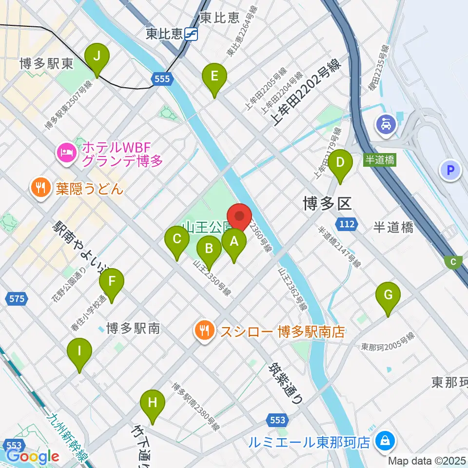 福岡市立博多市民センター周辺のカフェ一覧地図