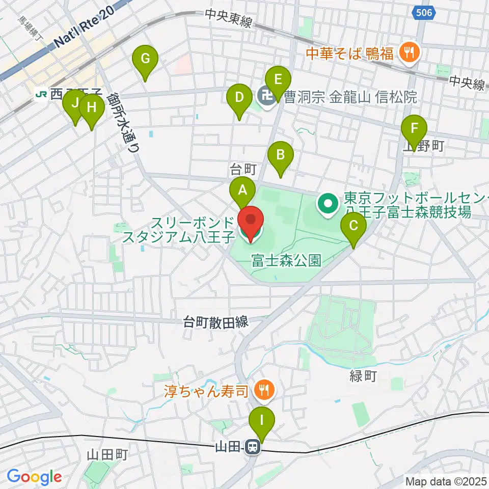 スリーボンドスタジアム八王子周辺のカフェ一覧地図