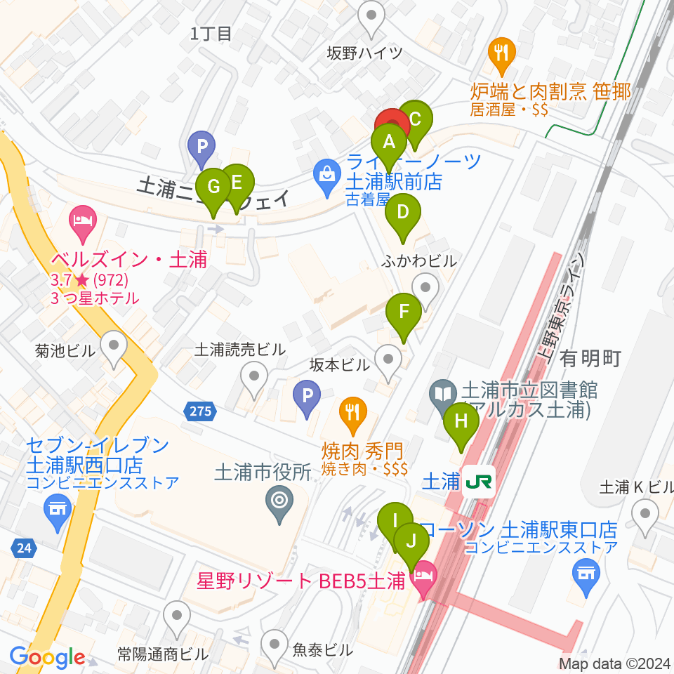 土浦VBOX周辺のカフェ一覧地図
