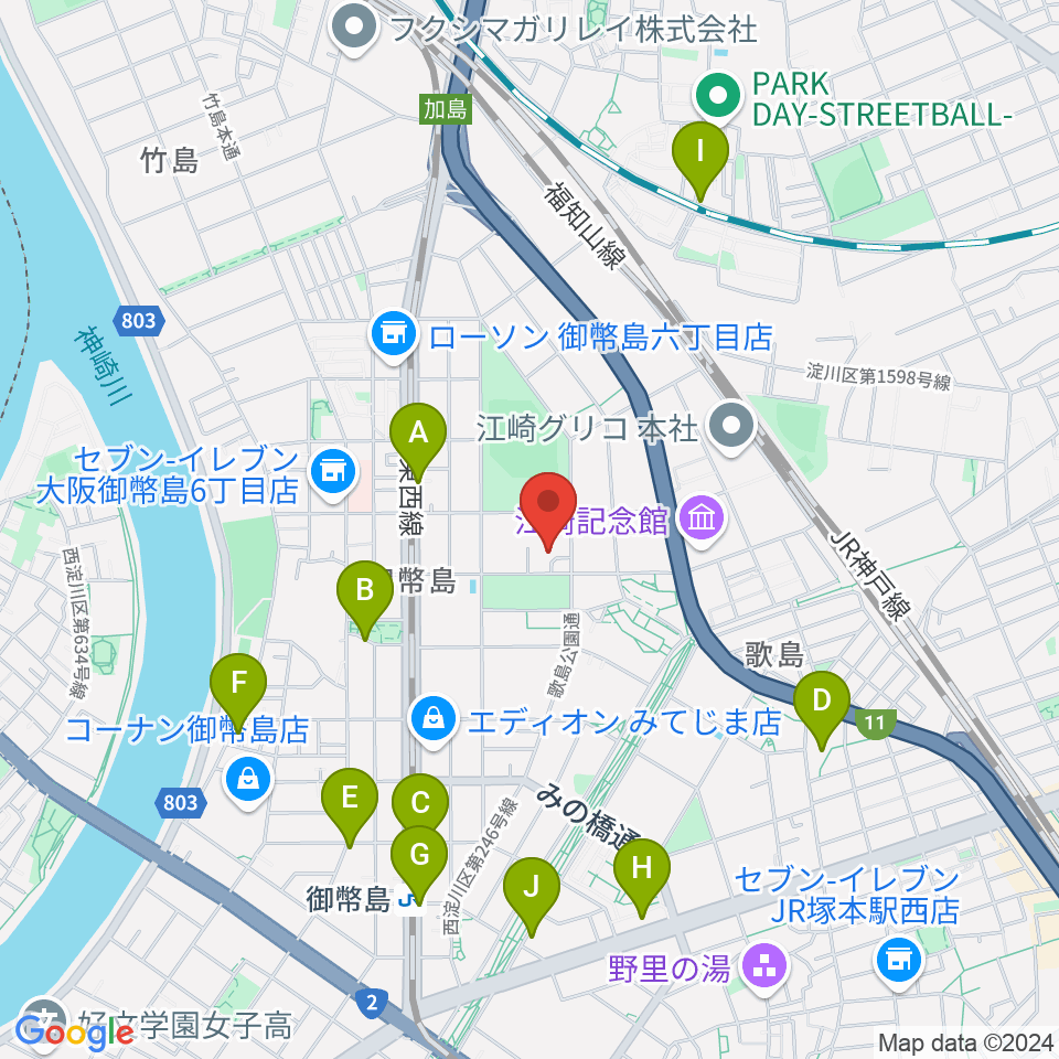 近藤技研工業 西淀川区民ホール周辺のカフェ一覧地図