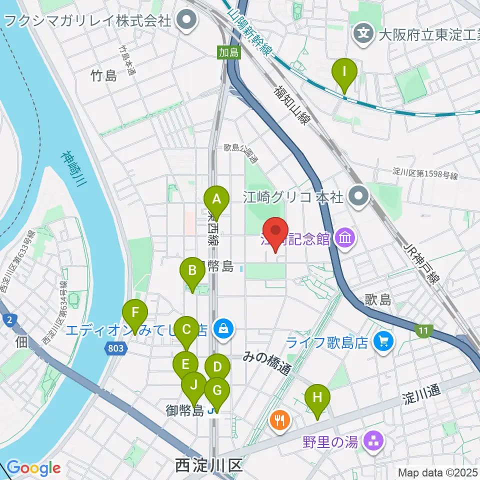 近藤技研工業 西淀川区民ホール周辺のカフェ一覧地図