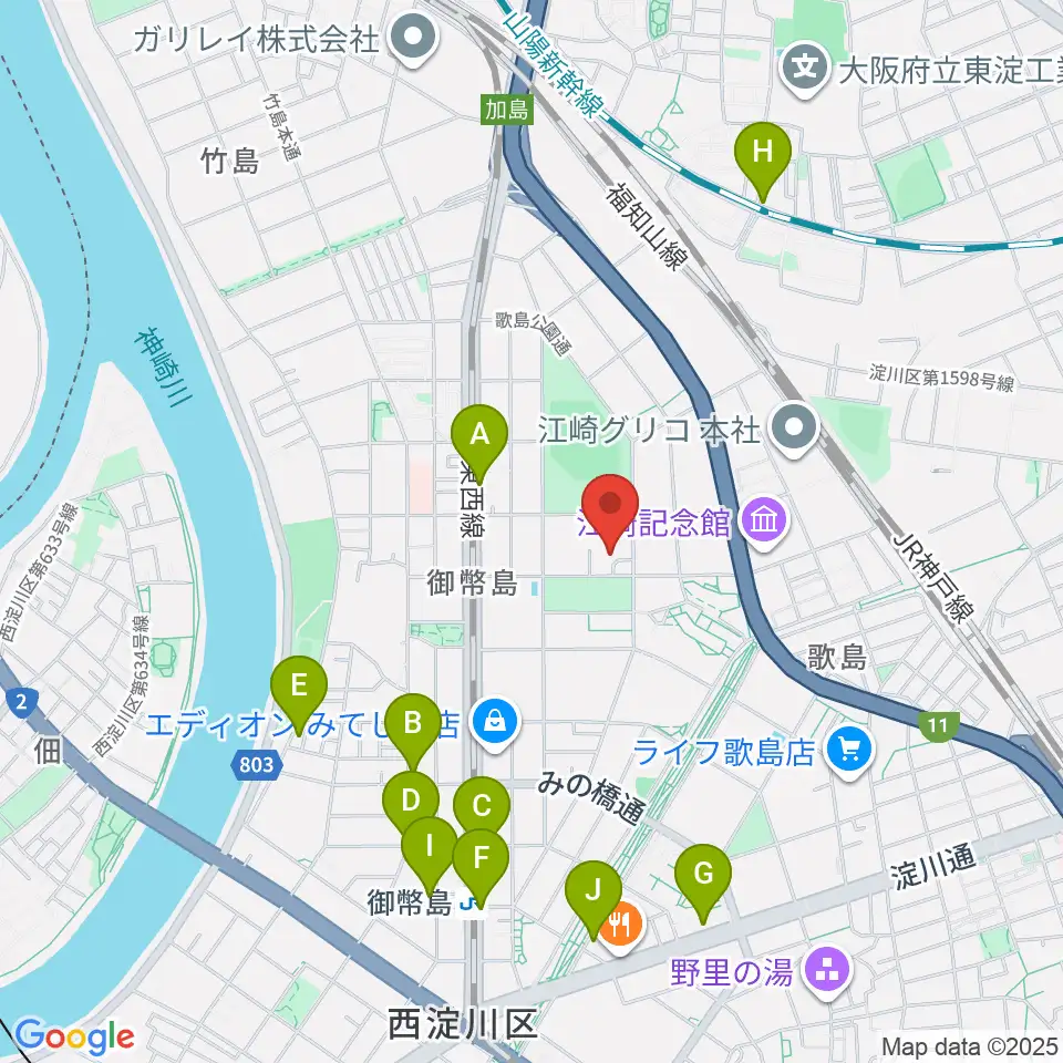近藤技研工業 西淀川区民ホール周辺のカフェ一覧地図