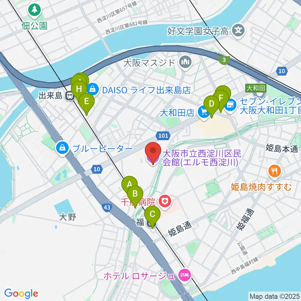 西淀川区民会館（エルモ西淀川）周辺のカフェ一覧地図