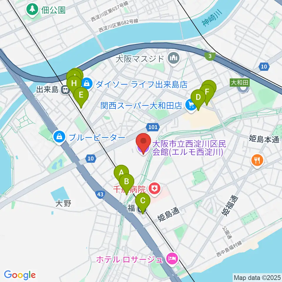 西淀川区民会館（エルモ西淀川）周辺のカフェ一覧地図