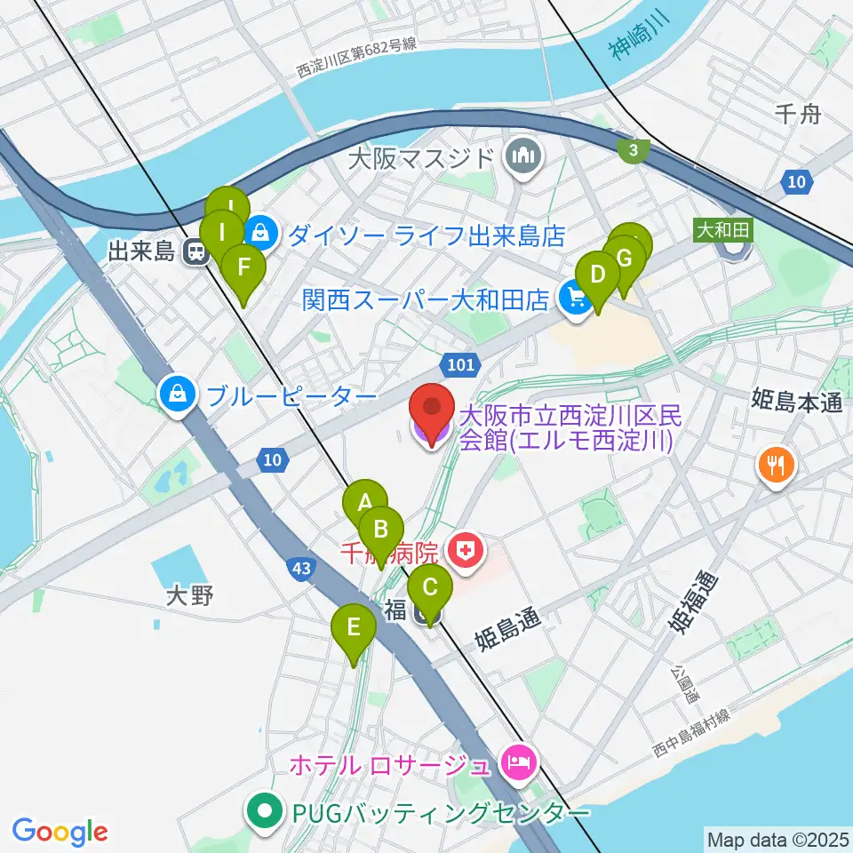 西淀川区民会館（エルモ西淀川）周辺のカフェ一覧地図