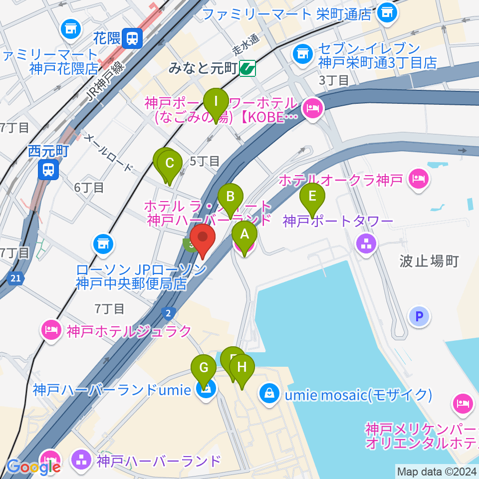 Ｗメリケン波止場周辺のカフェ一覧地図