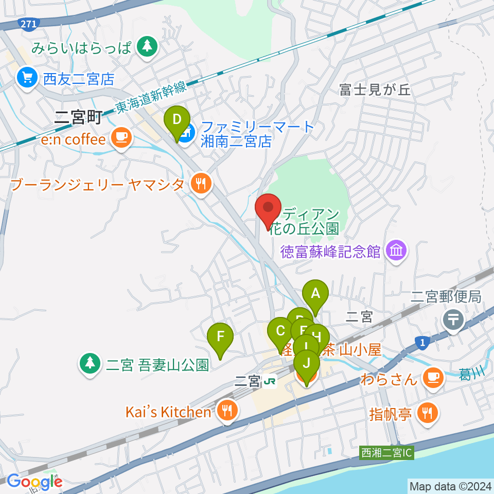 二宮町生涯学習センターラディアン周辺のカフェ一覧地図