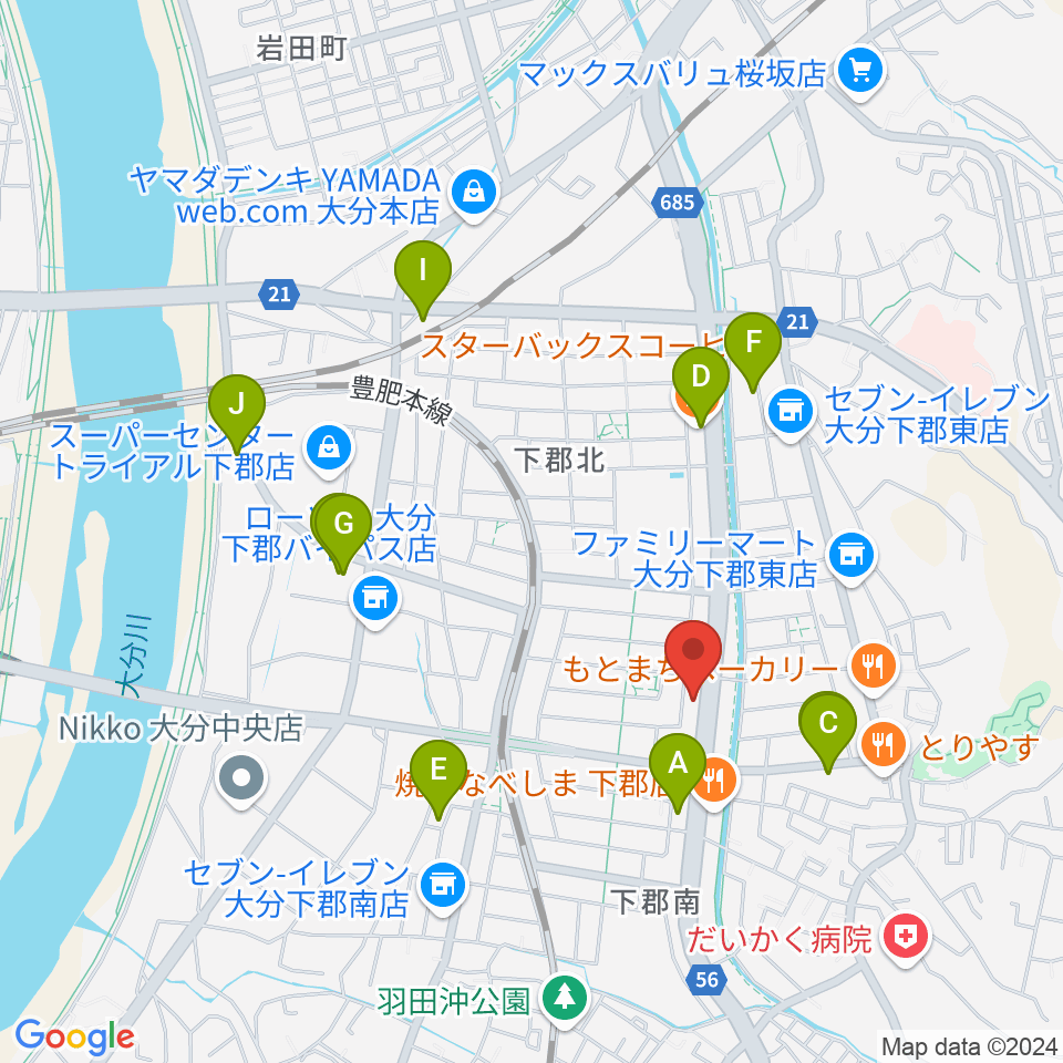 カネトウ楽器 大分店周辺のカフェ一覧地図