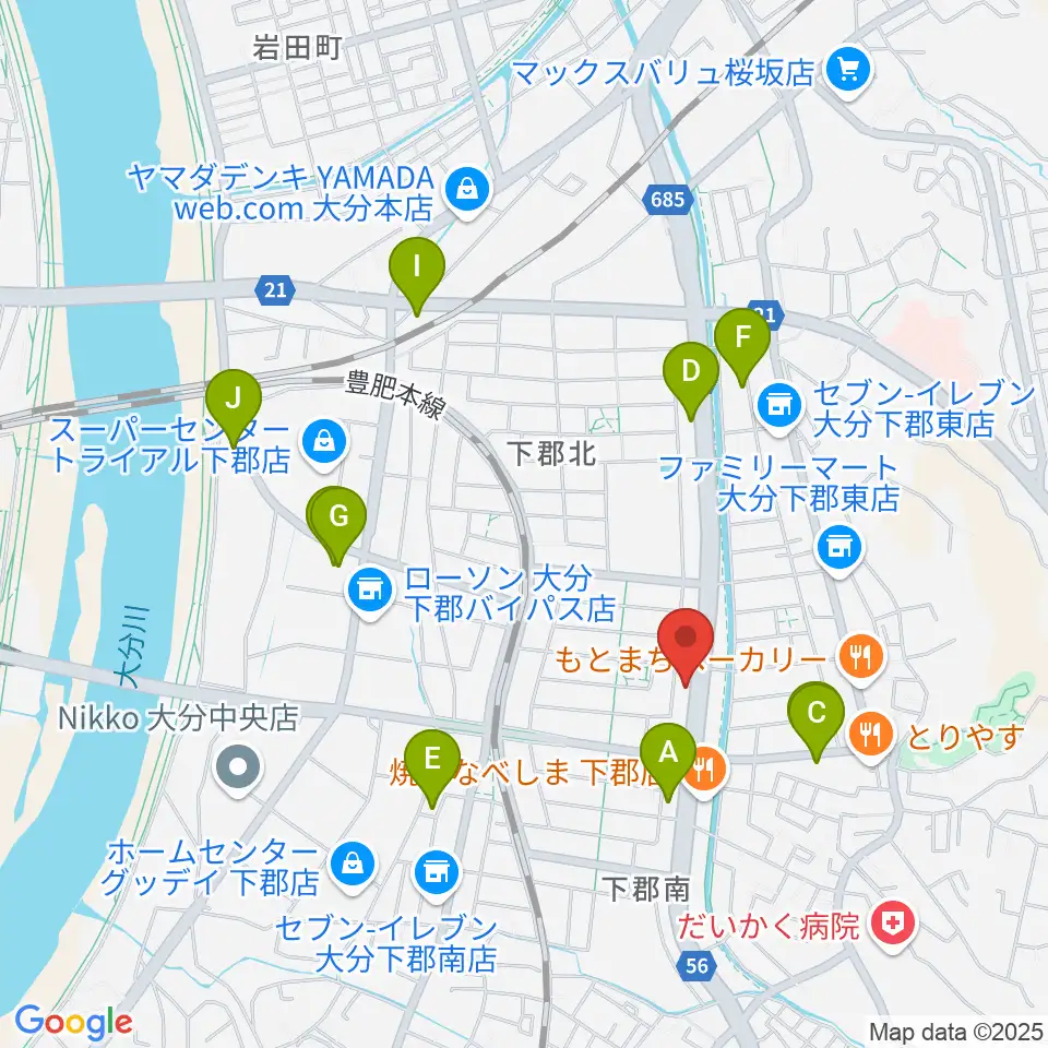 カネトウ楽器 大分店周辺のカフェ一覧地図