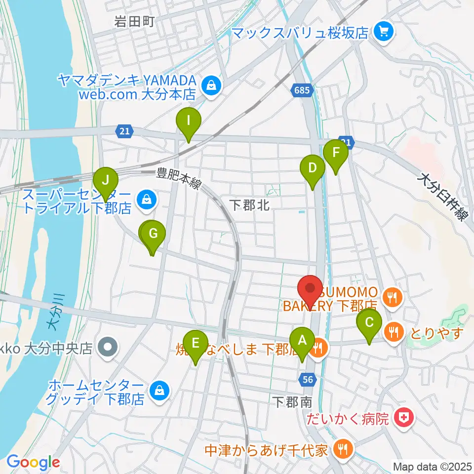 カネトウ楽器 大分店周辺のカフェ一覧地図