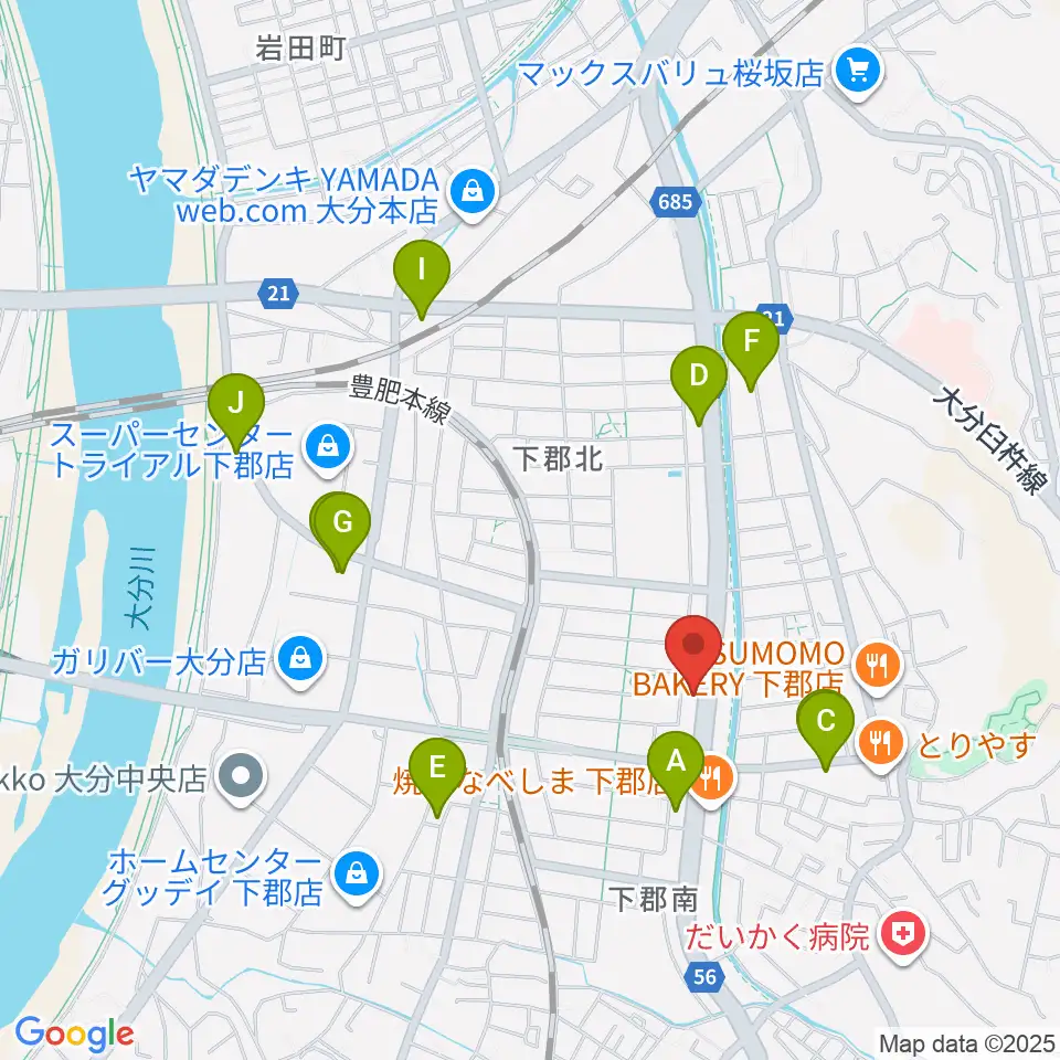 カネトウ楽器 大分店周辺のカフェ一覧地図