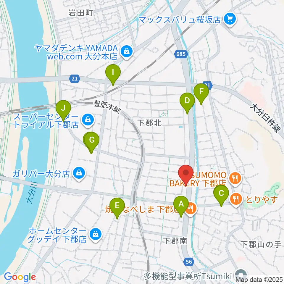 カネトウ楽器 大分店周辺のカフェ一覧地図