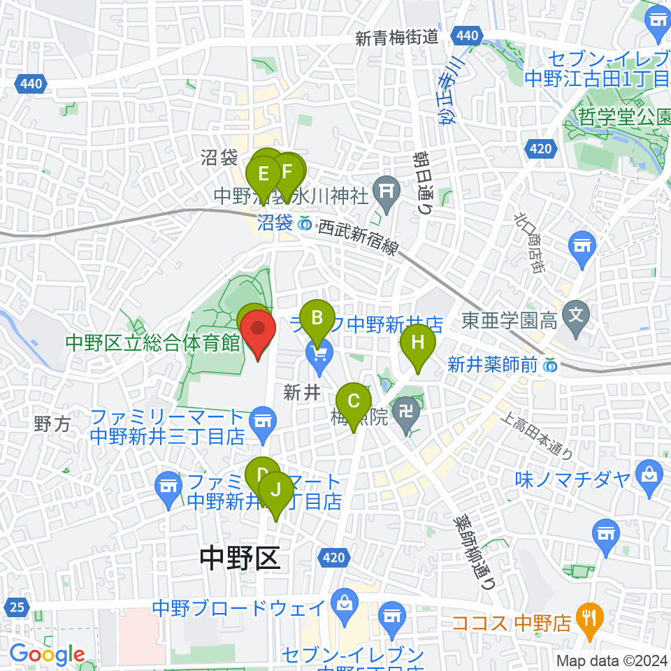 中野区立総合体育館周辺のカフェ一覧地図