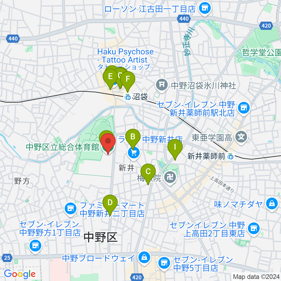 中野区立総合体育館周辺のカフェ一覧地図