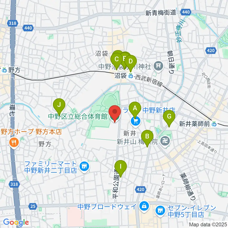 中野区立総合体育館周辺のカフェ一覧地図